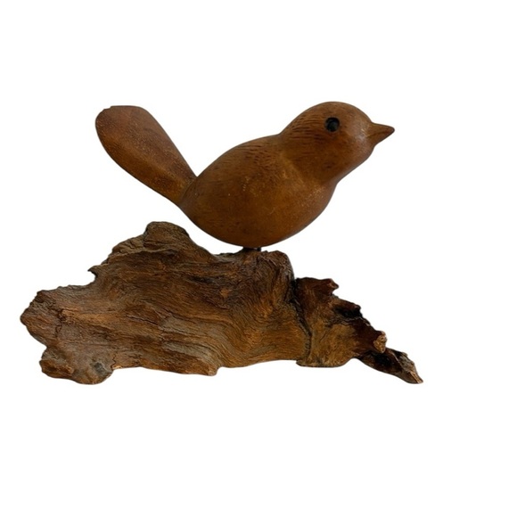 Vintage Other - Wooden Bird Sculpture Hand Carved on Driftwood Natural Brown